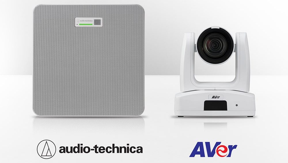 El array de micrófonos de techo ATND1061DAN de Audio-Technica se integra con las cámaras PTZ de AVer para videoconferencias avanzadas